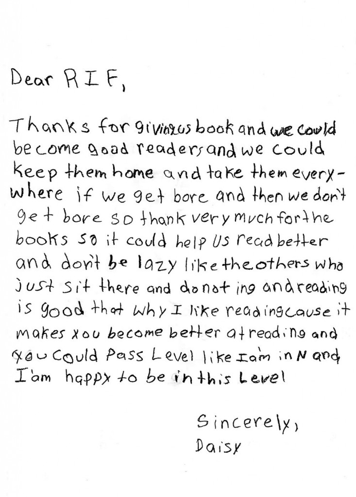 Letter from Daisy, a RIF kid